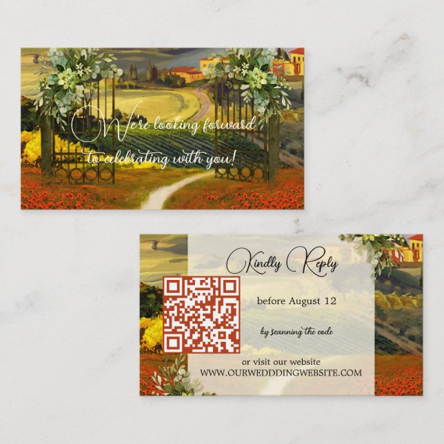 Colourful Tuscan Landscape Wedding QR Code Enclosure Card (Front/Back)