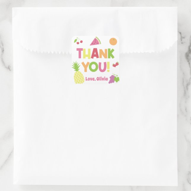 Colourful Tutti Frutti Photo Birthday Thank You Square Sticker (Bag)
