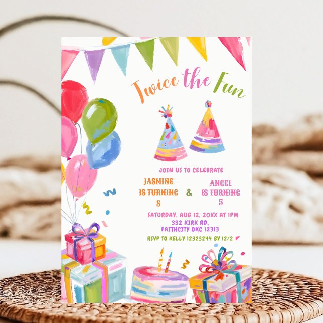 Colourful Twice the Fun Sibling Birthday  Invitation (Creator Uploaded)