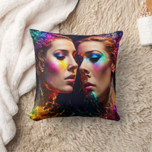 Colourful Twin Faces With Neon Effects at Night Cushion