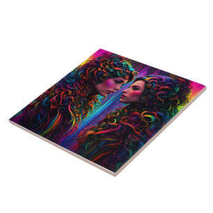 Colourful Twin Portraits With Curly Hair Design Tile