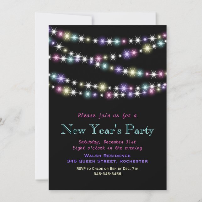 Colourful Twinkle Lights New Year's Invitation (Front)