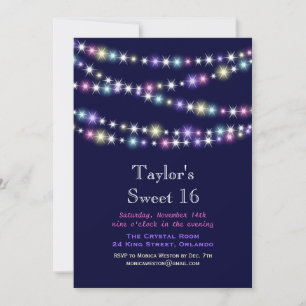 Colourful Twinkle Lights on Navy Sweet 16 Invite