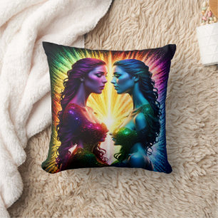Colourful Twins Embracing Light at Night Cushion