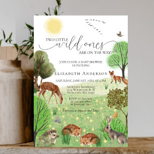 Colourful Twins Woodland Cute Animals Baby Shower Invitation