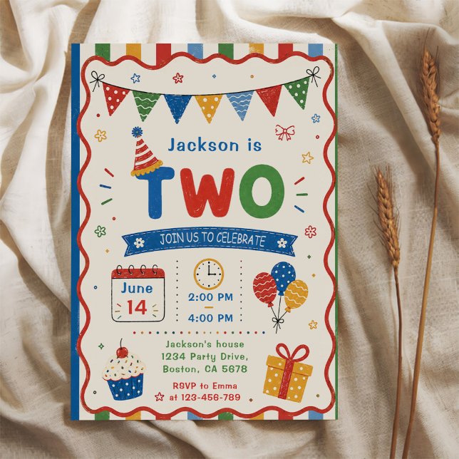 Colourful TWO 2nd Birthday Party Invitation (Creator Uploaded)