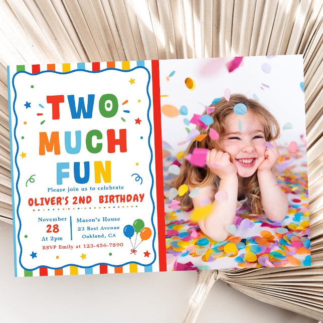 Colourful Two Much Fun 2nd Birthday Photo Invitation (Creator Uploaded)