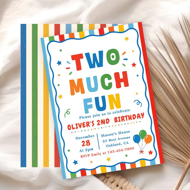 Colourful Two Much Fun Second Birthday Invitation (Creator Uploaded)