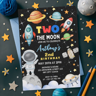 Colourful Two The Moon Space Rocket Birthday Invitation