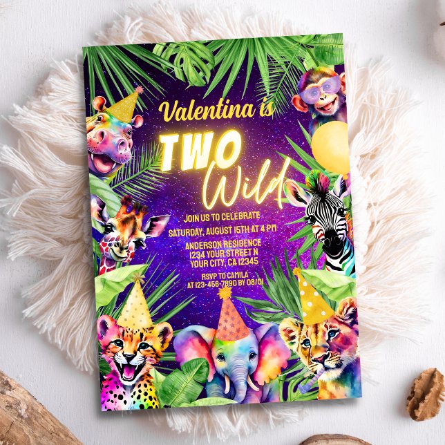Colourful Two Wild Safari Animals 2nd Birthday Invitation (Creator Uploaded)