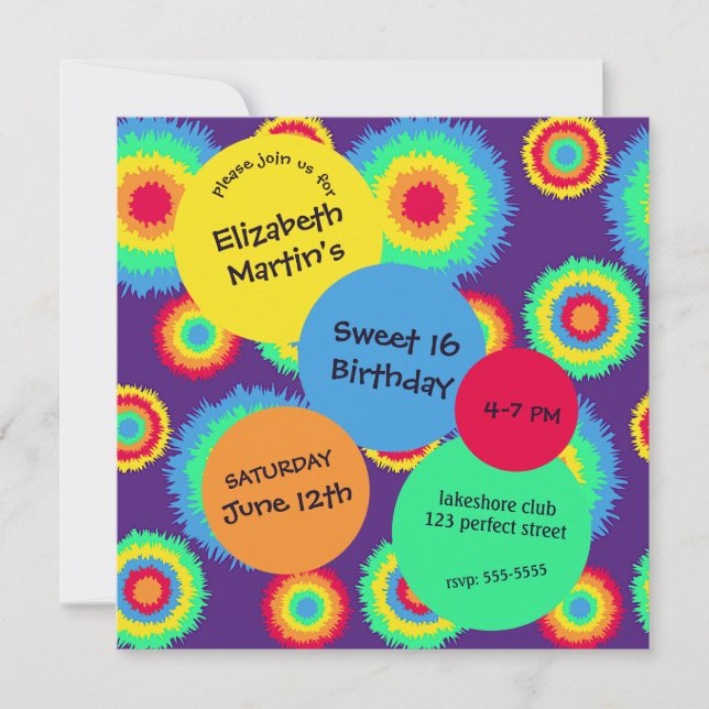 Colourful Tye Dye Birthday Party Invitation (Front)
