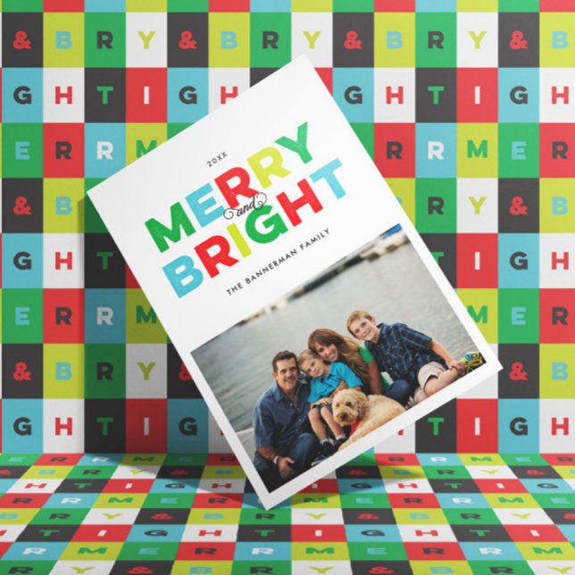Colourful Type Merry and Bright Flat Holiday Card (green red aqua black and white Merry and Bright modern Christmas holiday photo card)
