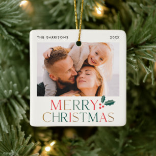 Colourful Type Merry Christmas Photo Ceramic Ornament