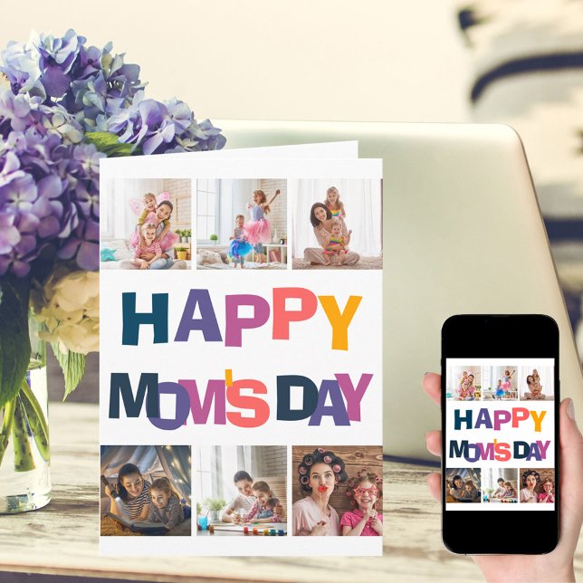 Colourful Typography 6 Photo Collage Happy Moms Da Card (Creator Uploaded)