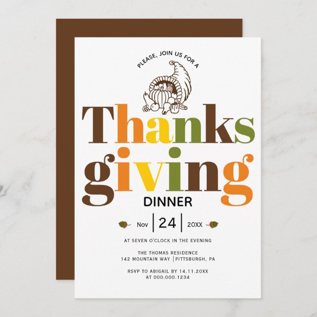 Colourful typography and cornucopia Thanksgiving Invitation (Front/Back)