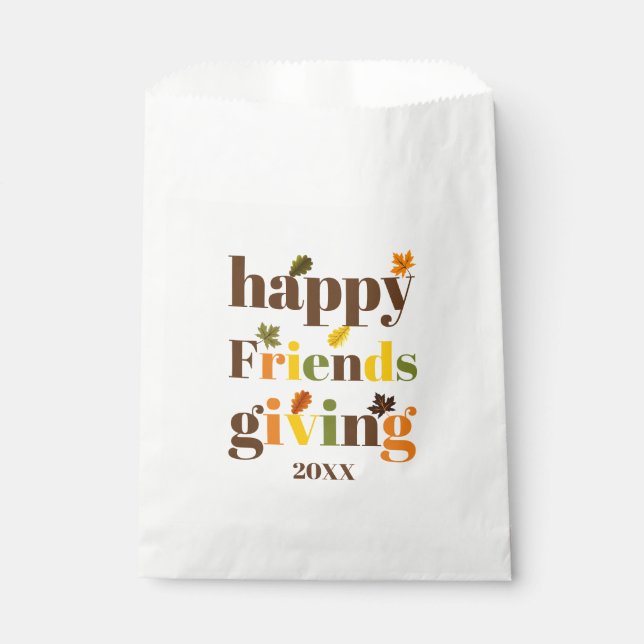 Colourful typography and fall leaves Friendsgiving Favour Bags (Front)