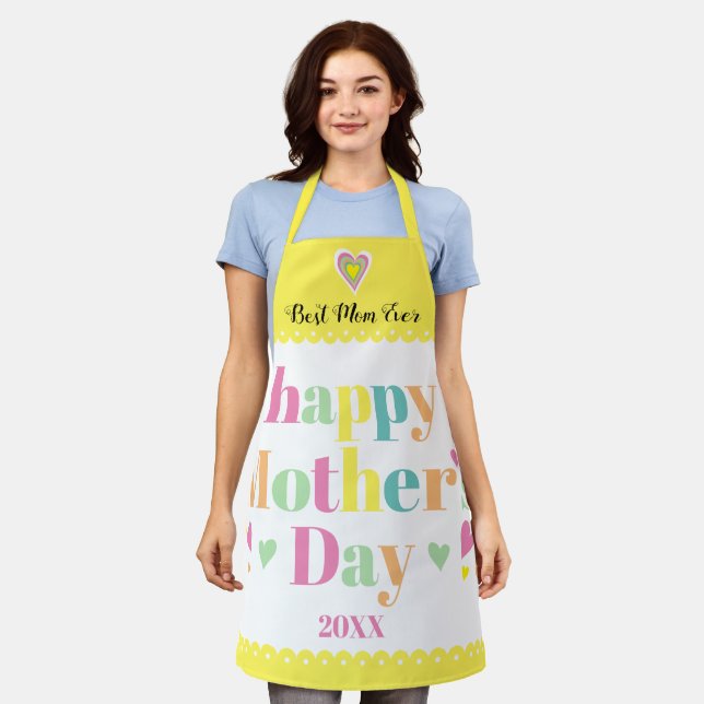 Colourful typography and hearts yellow Mothers Day Apron (Worn)