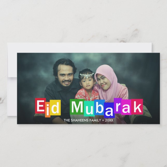 Colourful Typography Blocks Eid Mubarak Photo Card (Front)