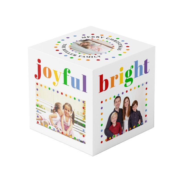 Colourful typography, dots christmas holiday photo cube (Front Angled)