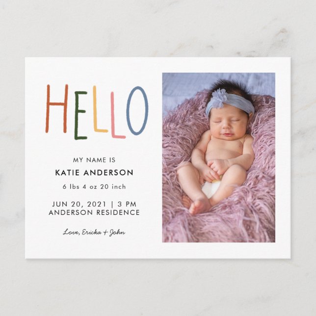Colourful Typography Hello Birth Announcement (Front)