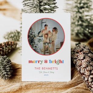 Colourful Typography Merry & Bright Round Photo Holiday Card