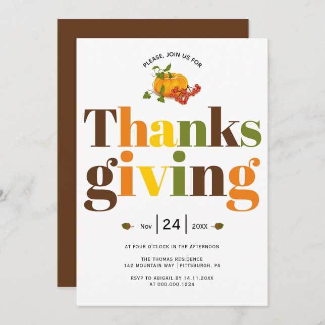 Colourful typography pumkin Thanksgiving Invitatio Invitation (Front/Back)