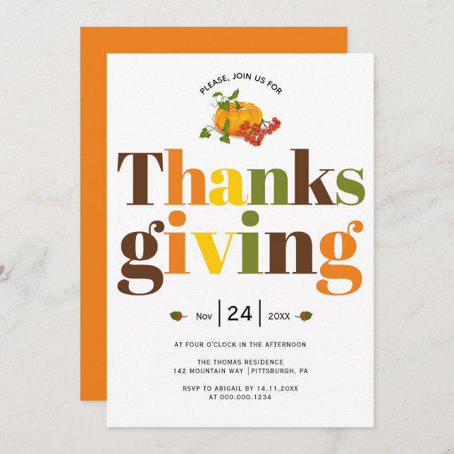 Colourful typography pumpkin fall Thanksgiving Invitation (Front/Back)