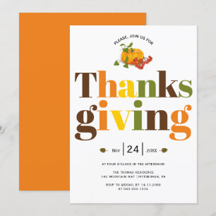 Colourful typography pumpkin fall Thanksgiving Invitation