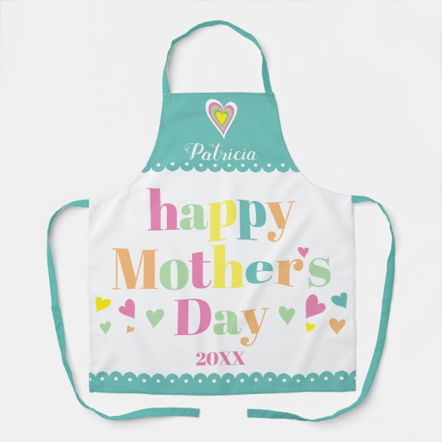 Colourful typography, teal border Mothers Day Apron (Front)