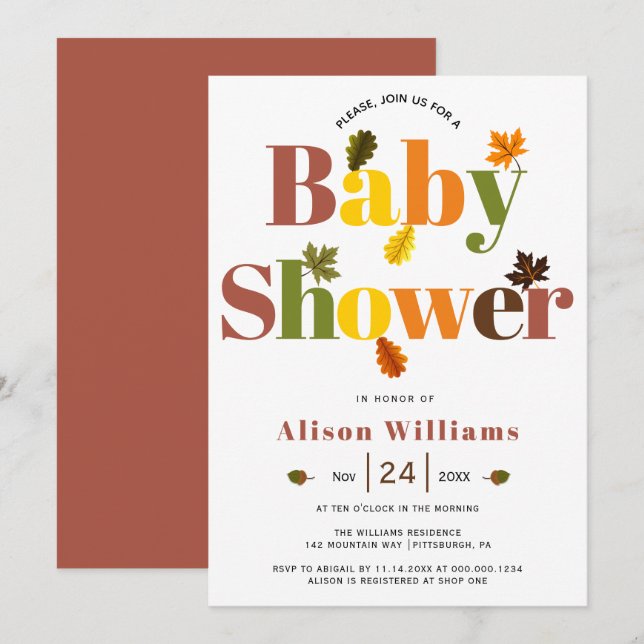 Colourful typography terracotta fall baby shower invitation (Front/Back)
