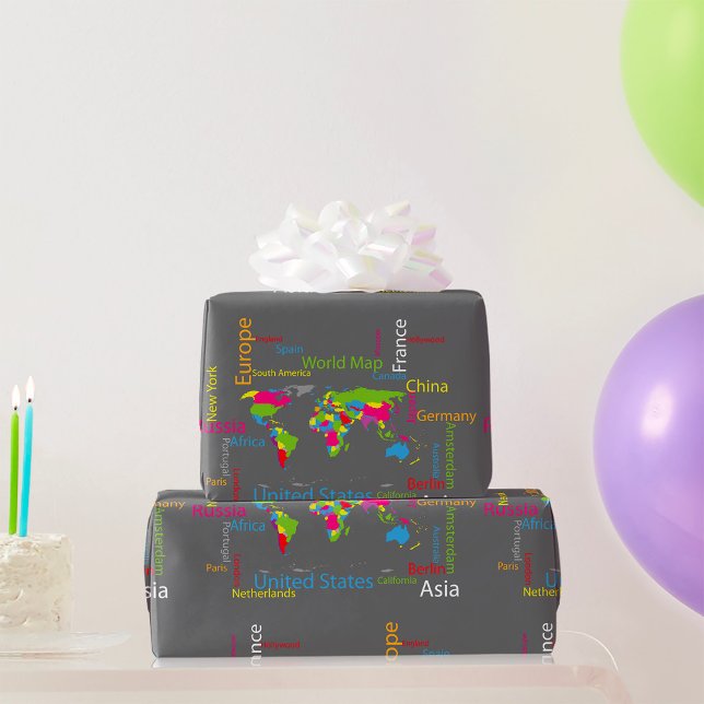 Colourful Typography World Map Modern Word Travel  Wrapping Paper (Creator Uploaded)