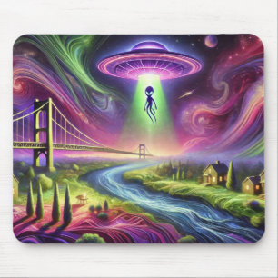 Colourful UFO Abduction Scene Alien and Cosmic Sky Mouse Mat