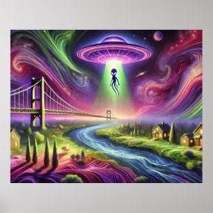Colourful UFO Abduction Scene Alien and Cosmic Sky Poster