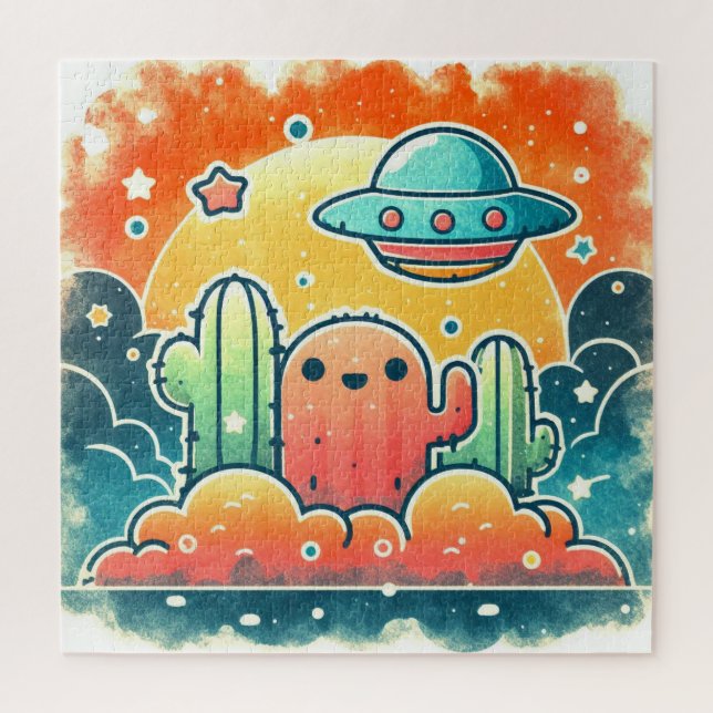 Colourful UFO Cactus Desert Scene Jigsaw Puzz Puzzle (Vertical)
