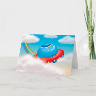 Colourful UFO Spaceship Flying Through Clouds Card