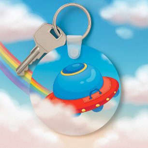 Colourful UFO Spaceship Flying Through Clouds Key Ring