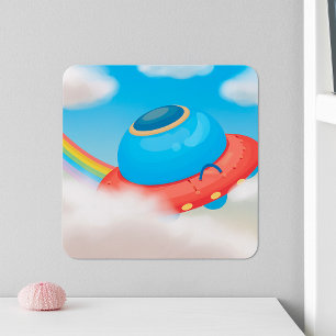 Colourful UFO Spaceship Flying Through Clouds Square Sticker