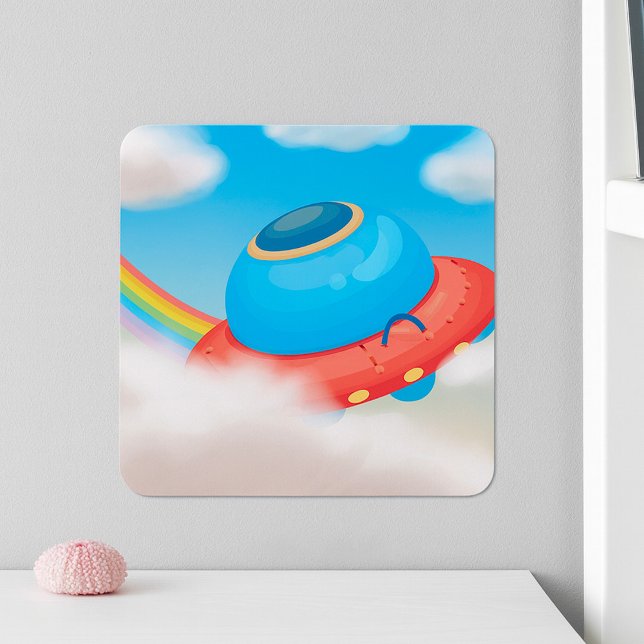 Colourful UFO Spaceship Flying Through Clouds Square Sticker (Creator Uploaded)