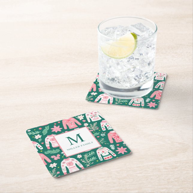 Colourful Ugly Sweater Holiday Monogram Square Paper Coaster (Insitu)