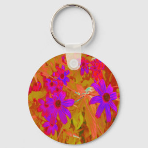 Colourful Ultra-Violet, Magenta and Red Wildflower Key Ring