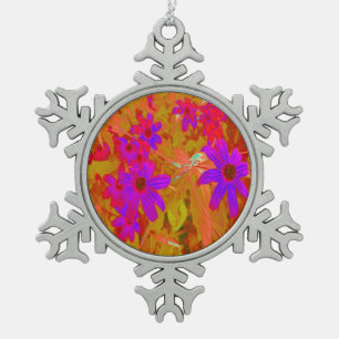 Colourful Ultra-Violet, Magenta and Red Wildflower Snowflake Pewter Christmas Ornament