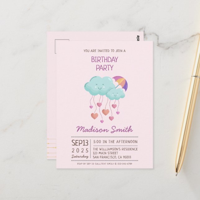 Colourful Umbrella Birthday Card with Cute Clouds (Front/Back In Situ)