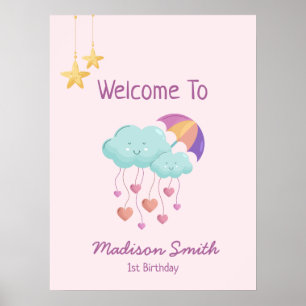 Colourful Umbrella Birthday Card with Cute Clouds Poster