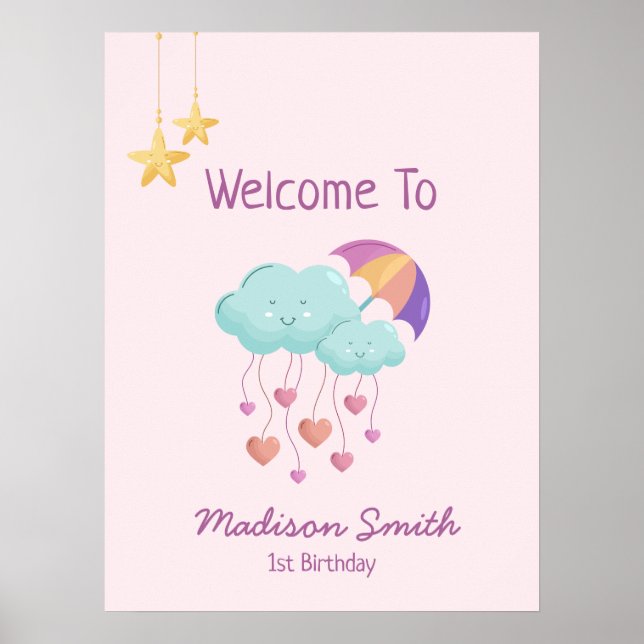 Colourful Umbrella Birthday Card with Cute Clouds Poster (Front)