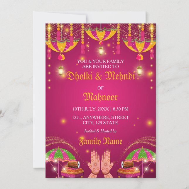Colourful Umbrella Mehndi & Dholki Night Invitatio Invitation (Front)