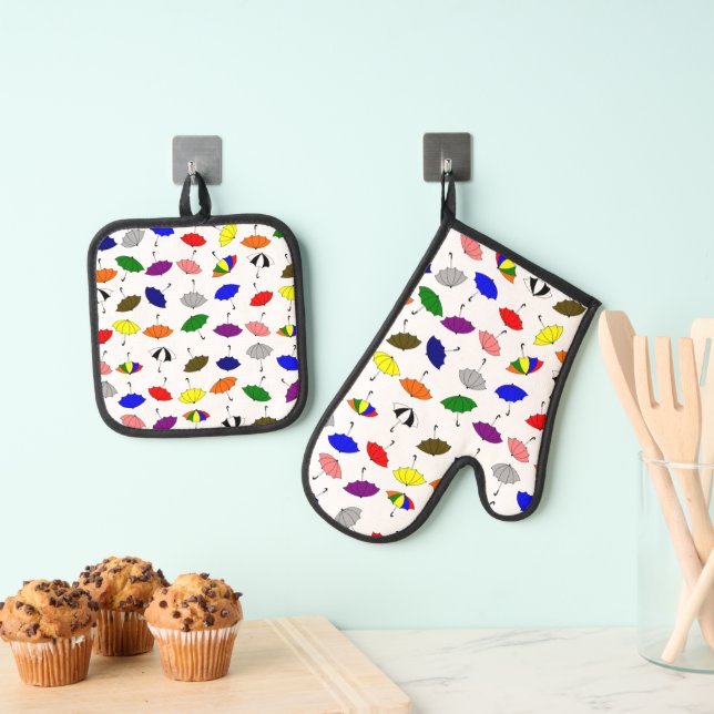 Colourful Umbrellas Design Oven Mitt & Pot Holder Set (Insitu(Hanging))