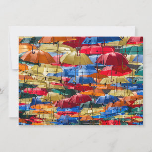 Colourful umbrellas in the sky blue orange red  invitation