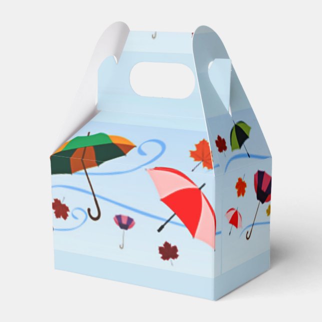 Colourful umbrellas on blue favour box (Front Side)