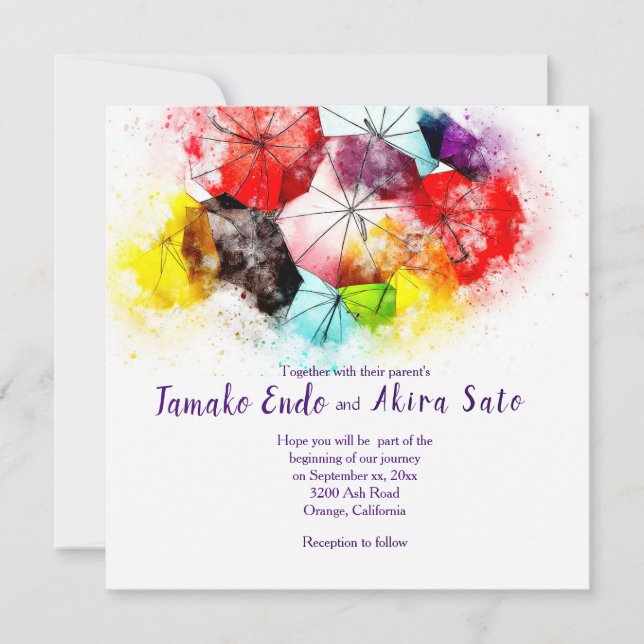 Colourful Umbrellas Wedding Invitation (Front)