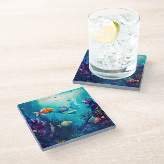 Colourful under the sea landscape glass coaster (Angled)